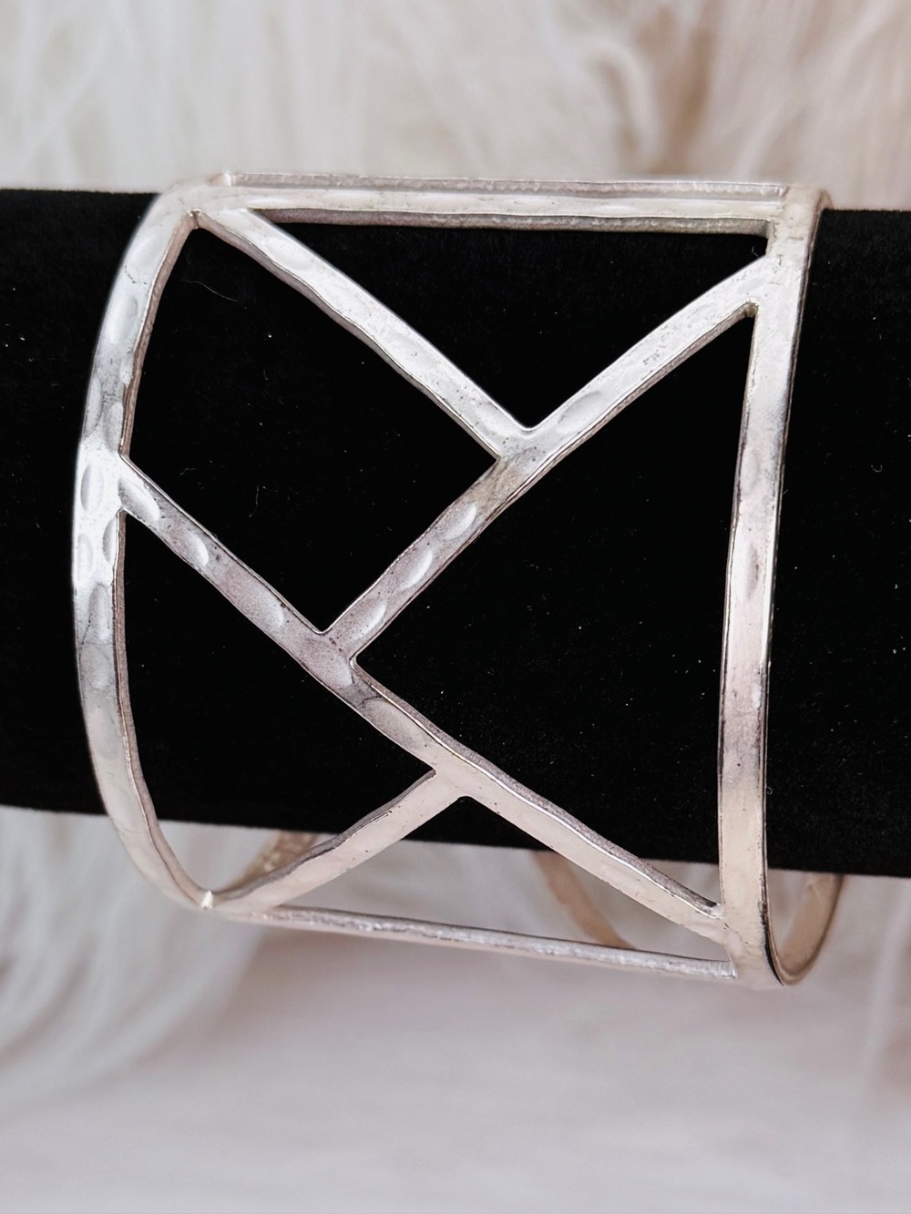 Vintage Silvertone Geometric Hammered Accent Large Cuff Bracelet